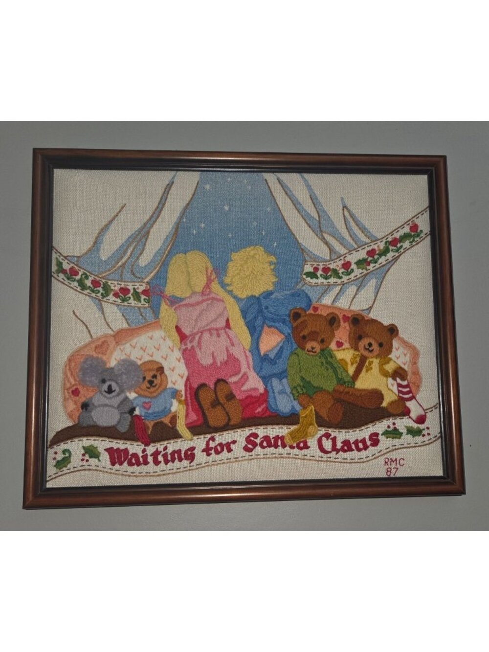 Vintage Sunset Stitchery "Waiting for Santa Claus" Crewel Embroidery Completed F